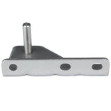 A silver metal door hinge bracket with a flat rectangular base featuring three holes for mounting. Attached perpendicularly to the base is a short, cylindrical metal pin, reflecting Empura Parts’ industrial and utilitarian design.