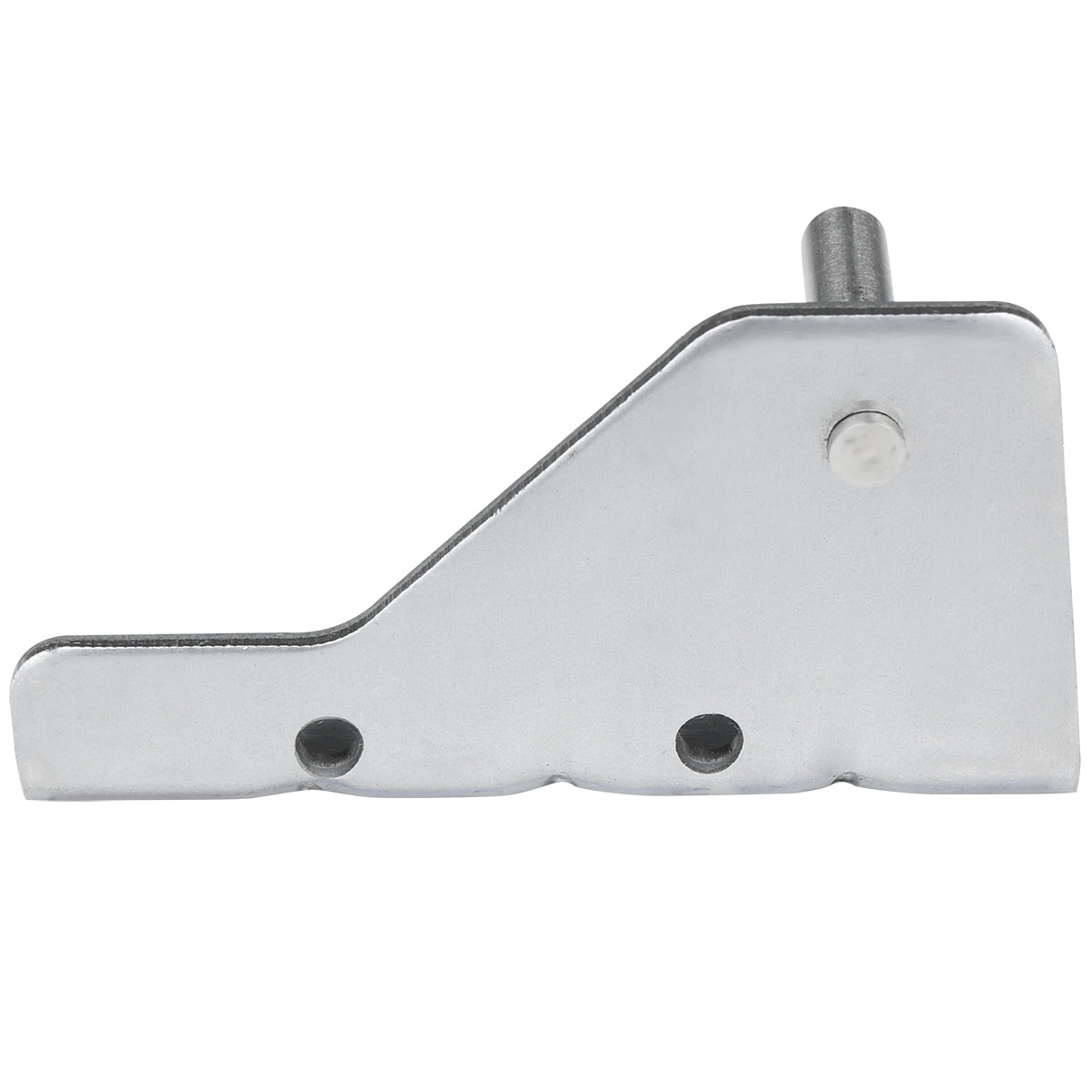 A metallic, L-shaped door hinge bracket, compatible with Empura Refrigeration units. It features two holes at the bottom edge, a circular pin at the top right, and a short cylindrical protrusion. The brushed finish and rounded edges ensure a smooth appearance.