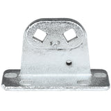 A metal door hinge bracket from Empura Parts features a flat rectangular base with four oval holes, an upright section with two diamond-shaped holes, and a central cylindrical peg. The textured silver surface suggests its galvanized for Empura Refrigeration durability.