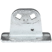 A metal door hinge bracket from Empura Parts features a flat rectangular base with four oval holes, an upright section with two diamond-shaped holes, and a central cylindrical peg. The textured silver surface suggests its galvanized for Empura Refrigeration durability.