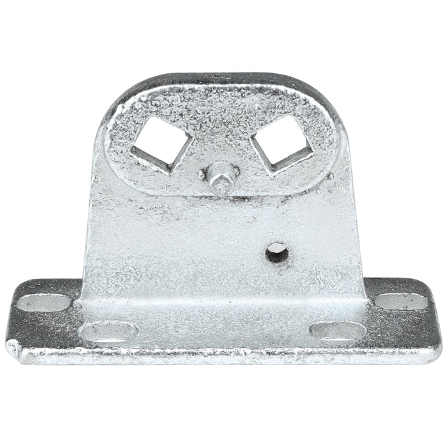 A metal door hinge bracket from Empura Parts features a flat rectangular base with four oval holes, an upright section with two diamond-shaped holes, and a central cylindrical peg. The textured silver surface suggests its galvanized for Empura Refrigeration durability.