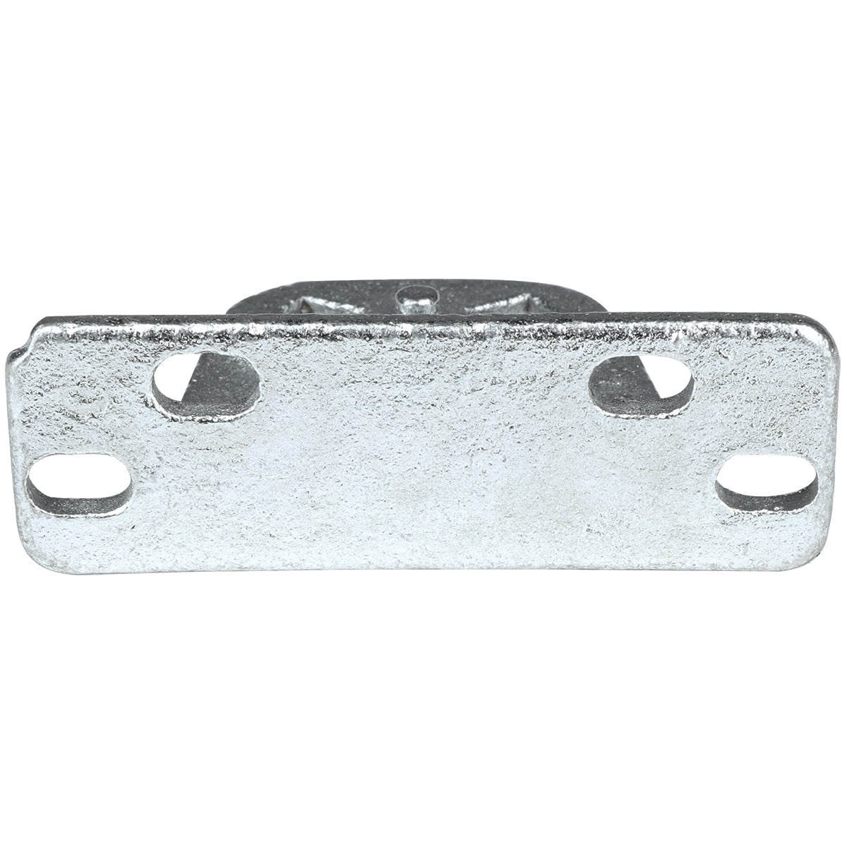 A close-up of a rectangular metal plate, likely an Empura Refrigeration door hinge bracket, with a rough textured surface and four elongated oval mounting holes—two on each side. The silver plate features a small raised center section slightly visible behind it.