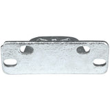 A close-up of a rectangular metal plate, likely an Empura Refrigeration door hinge bracket, with a rough textured surface and four elongated oval mounting holes—two on each side. The silver plate features a small raised center section slightly visible behind it.