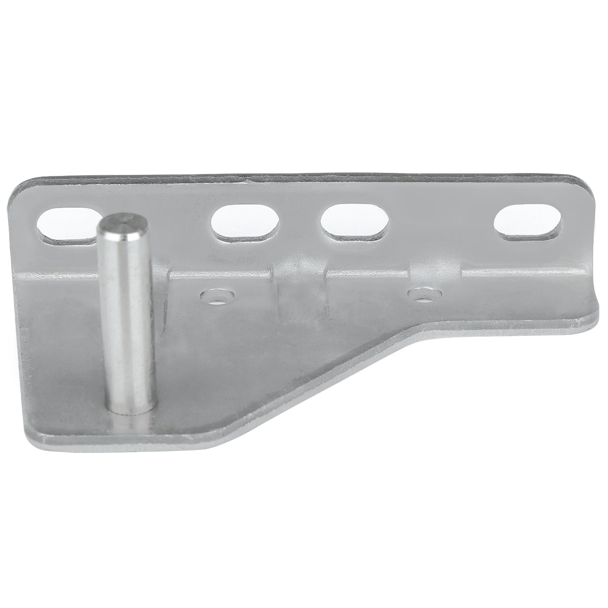 A silver Empura Door Hinge Bracket with a flat base, angled edge, and four rounded rectangular holes along the raised back. A cylindrical peg protrudes vertically near the left side. Smooth, industrial finish; model 107070116 for Empura Refrigeration.