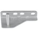 A silver Empura Door Hinge Bracket with a flat base, angled edge, and four rounded rectangular holes along the raised back. A cylindrical peg protrudes vertically near the left side. Smooth, industrial finish; model 107070116 for Empura Refrigeration.