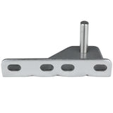 A silver Empura Door Hinge Bracket, model 107070116, featuring three oval holes in a row along its flat base and a cylindrical vertical peg attached at one end. The matte, unfinished surface and angular support section ensure reliable performance in Empura Refrigeration units.