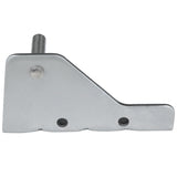 A metal Empura Door Hinge Bracket with a smooth, flat surface and a small cylindrical peg on the upper left side. Designed for Empura Refrigeration, it features a sloped top edge, two round holes at the bottom, and a notched lower right section. 107070116.