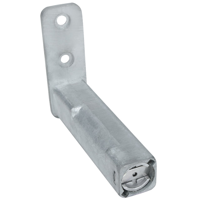 A silver metal bracket, likely used as a Door Spring Hinge for Empura Refrigeration. One flat side has two round mounting holes; the other is a hollow rectangular tube with a recessed end. The matte surface and sturdy build suit Empura Parts applications.