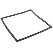 A thin, flexible black rubber gasket or seal—an Empura Refrigeration door gasket—is shaped into a flat square with slightly uneven sides, pictured on a plain white background. Its designed as a barrier or seal for an appliance or container lid.