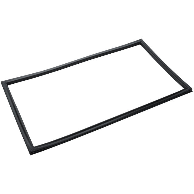 A thin, rectangular black Door Gasket with rounded edges is laid flat against a white background. This Empura Parts gasket has a smooth texture and consistent width, ideal for sealing applications like doors, windows, or Empura Refrigeration units.