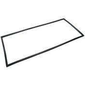A thin, black rubber or plastic door gasket with a rectangular shape and slightly rounded corners, lying flat on a white background. This flexible Empura Parts gasket is used to seal or cushion between surfaces in Empura Refrigeration units.
