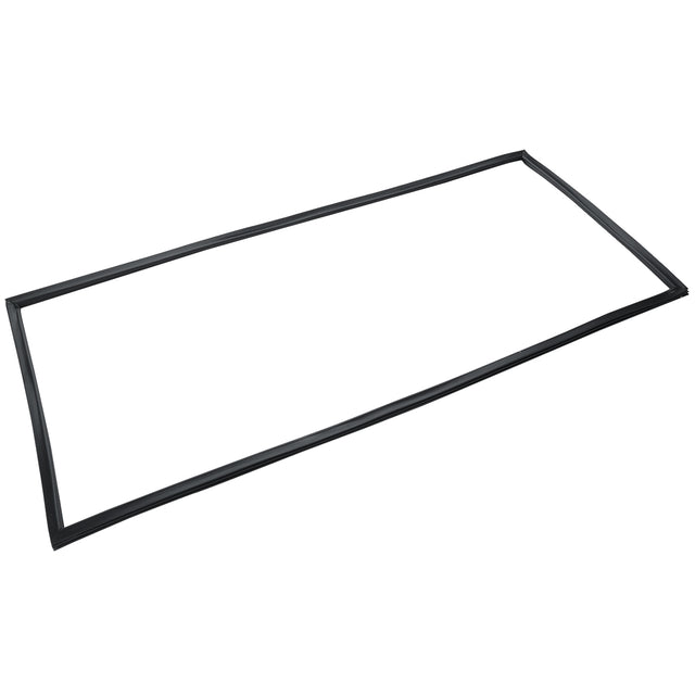 A thin, black rubber or plastic door gasket with a rectangular shape and slightly rounded corners, lying flat on a white background. This flexible Empura Parts gasket is used to seal or cushion between surfaces in Empura Refrigeration units.