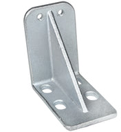 A silver metal door hinge bracket with vertical and horizontal plates joined at a right angle, reinforced by a diagonal rib. Each plate has two round screw holes, and the slightly textured surface suggests it’s galvanized for rust resistance; fits Empura Refrigeration.