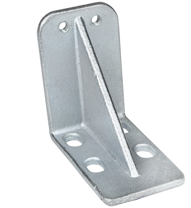 A silver metal door hinge bracket with vertical and horizontal plates joined at a right angle, reinforced by a diagonal rib. Each plate has two round screw holes, and the slightly textured surface suggests it’s galvanized for rust resistance; fits Empura Refrigeration.