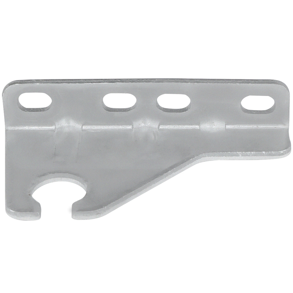 A flat, gray metal bracket from Empura Parts features three oval holes along the top edge and one large circular cutout with an open side at the bottom left. The angled bottom edge and small upright lip suit Empura Refrigeration door hinge bracket needs.