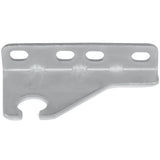 A flat, gray metal bracket from Empura Parts features three oval holes along the top edge and one large circular cutout with an open side at the bottom left. The angled bottom edge and small upright lip suit Empura Refrigeration door hinge bracket needs.