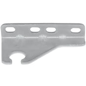 A flat, gray metal bracket from Empura Parts features three oval holes along the top edge and one large circular cutout with an open side at the bottom left. The angled bottom edge and small upright lip suit Empura Refrigeration door hinge bracket needs.