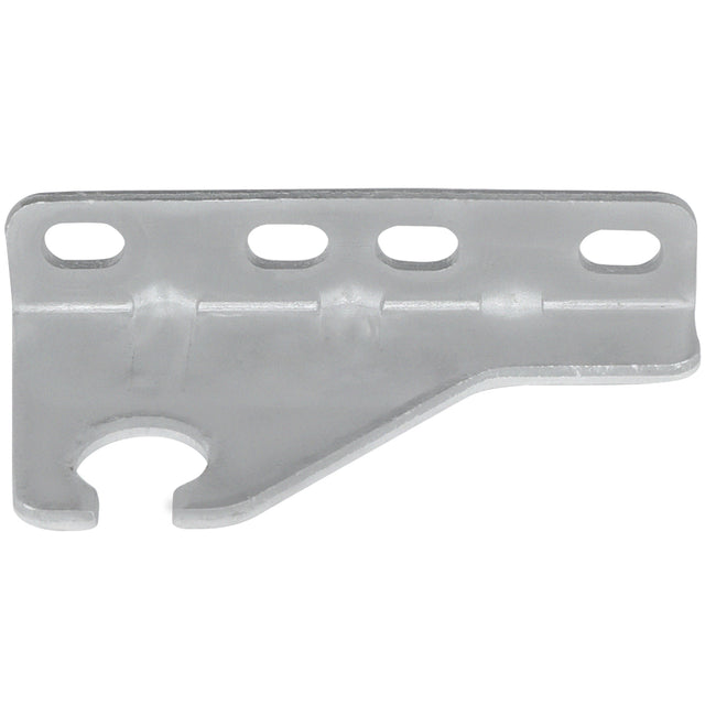 A flat, gray metal bracket from Empura Parts features three oval holes along the top edge and one large circular cutout with an open side at the bottom left. The angled bottom edge and small upright lip suit Empura Refrigeration door hinge bracket needs.