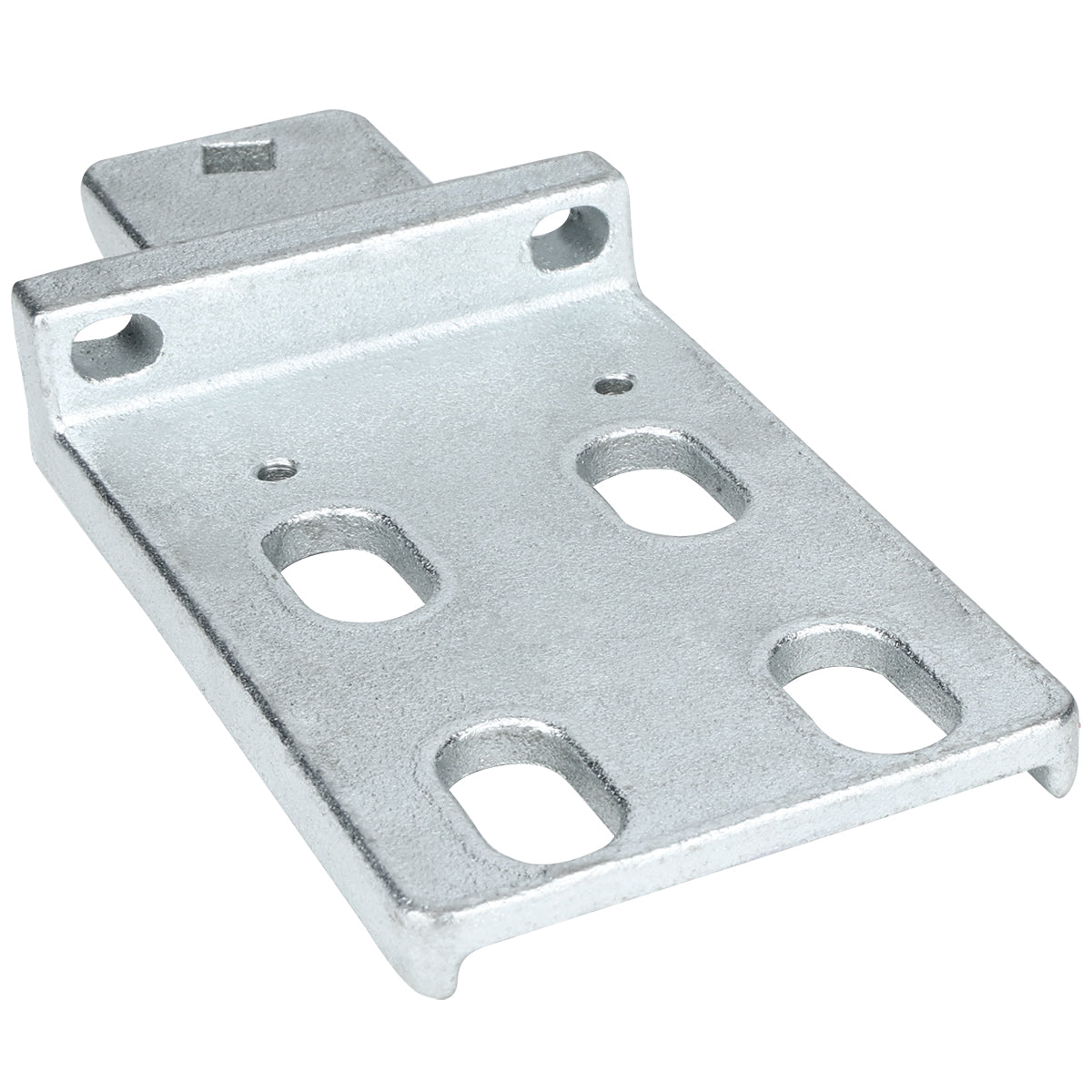 A rectangular metal mounting bracket with a raised back edge, two mounting holes on the back, and four oval holes in the flat base. The silver EGM-75W Door Hinge Bracket offers a sturdy, industrial design ideal for Empura Refrigeration units.