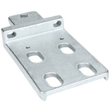 A rectangular metal mounting bracket with a raised back edge, two mounting holes on the back, and four oval holes in the flat base. The silver EGM-75W Door Hinge Bracket offers a sturdy, industrial design ideal for Empura Refrigeration units.