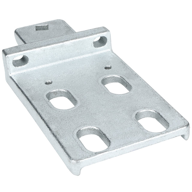 A rectangular metal mounting bracket with a raised back edge, two mounting holes on the back, and four oval holes in the flat base. The silver EGM-75W Door Hinge Bracket offers a sturdy, industrial design ideal for Empura Refrigeration units.