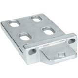 A silver metal mounting plate, like the EGM-75W Door Hinge Bracket, with a rectangular base, four elongated oval holes, and two round holes near a raised edge—ideal for securing objects in Empura Refrigeration or other industrial applications.