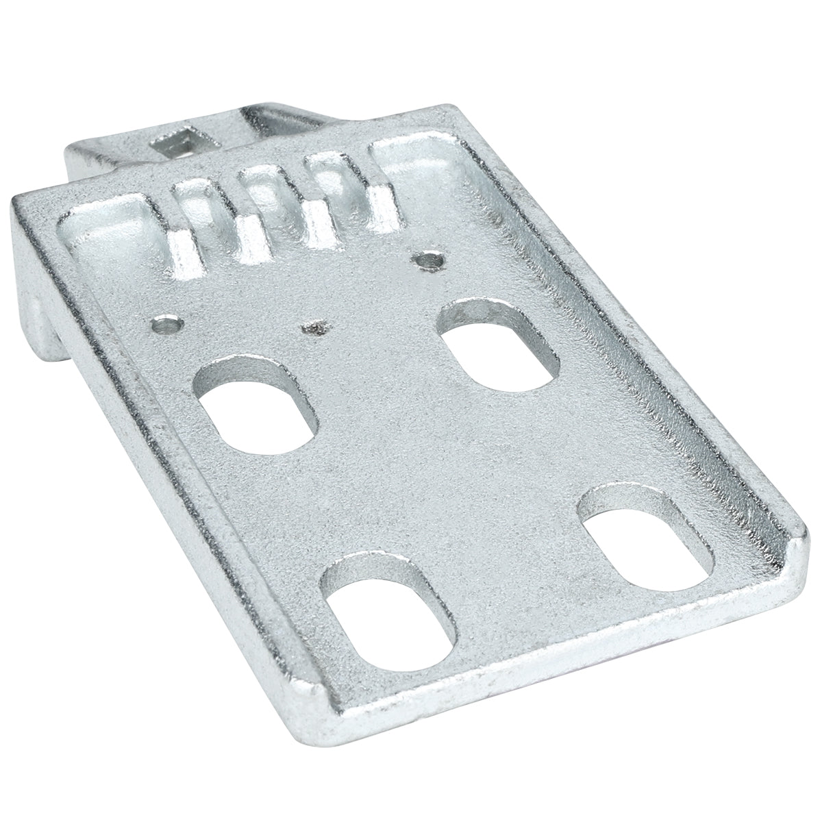 A silver, rectangular metal Door Hinge Bracket, model EGM-75W, with four oval holes and three small raised ridges on one end. The textured surface adds grip. Photographed on a white background, its ideal for Empura Refrigeration units.