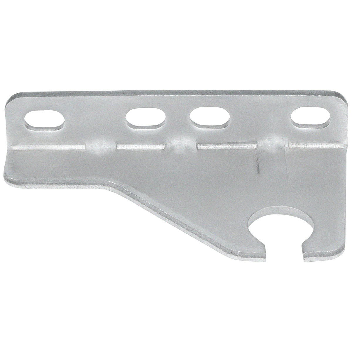 A flat, metal Door Hinge Bracket for Empura Refrigeration, featuring three oval holes along the top edge and a large circular notch on the bottom right. The E-EGM-48FB bracket has slight bends, a beveled edge, and an unfinished metallic surface.