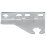 A flat, metal Door Hinge Bracket for Empura Refrigeration, featuring three oval holes along the top edge and a large circular notch on the bottom right. The E-EGM-48FB bracket has slight bends, a beveled edge, and an unfinished metallic surface.