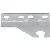 A flat, metal Door Hinge Bracket for Empura Refrigeration, featuring three oval holes along the top edge and a large circular notch on the bottom right. The E-EGM-48FB bracket has slight bends, a beveled edge, and an unfinished metallic surface.