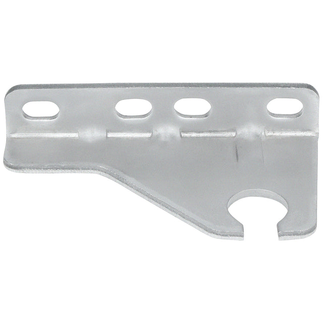 A flat, metal Door Hinge Bracket for Empura Refrigeration, featuring three oval holes along the top edge and a large circular notch on the bottom right. The E-EGM-48FB bracket has slight bends, a beveled edge, and an unfinished metallic surface.