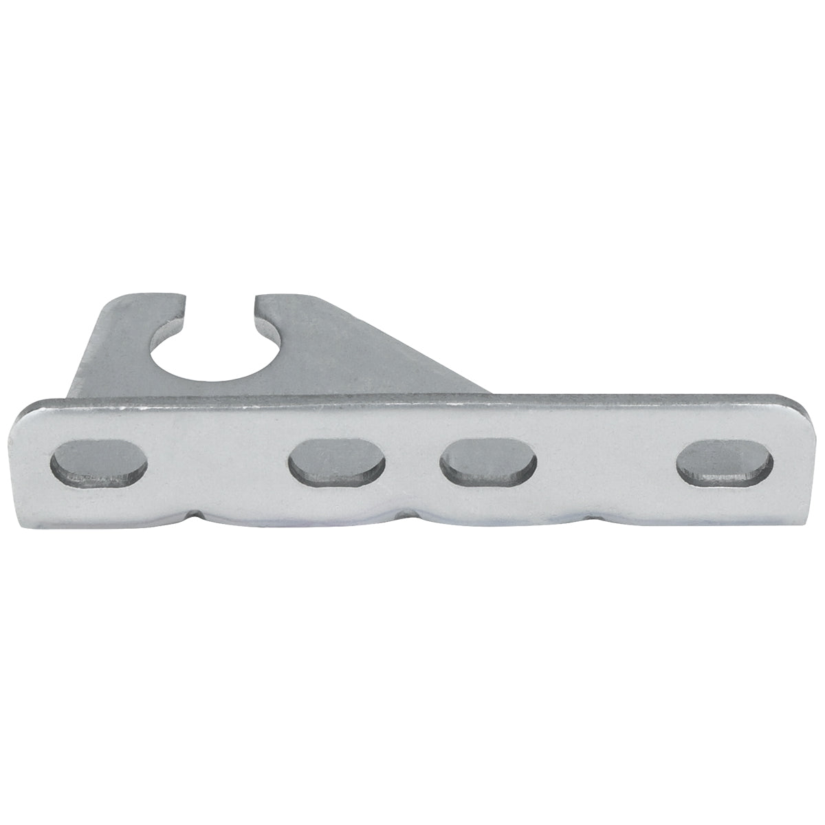 A silver metal door hinge bracket, model E-EGM-48FB, with three rectangular holes along its flat base and a U-shaped slot on one end. The diagonal reinforcement and smooth metallic finish make it ideal for Empura Refrigeration units.