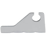 A flat, metallic, silver-gray Door Hinge Bracket for Empura Refrigeration E-EGM-48FB features a straight bottom edge, angled top edge rising to a semicircular cutout on the upper right, and a small notch at the end. The surface is smooth and unmarked.