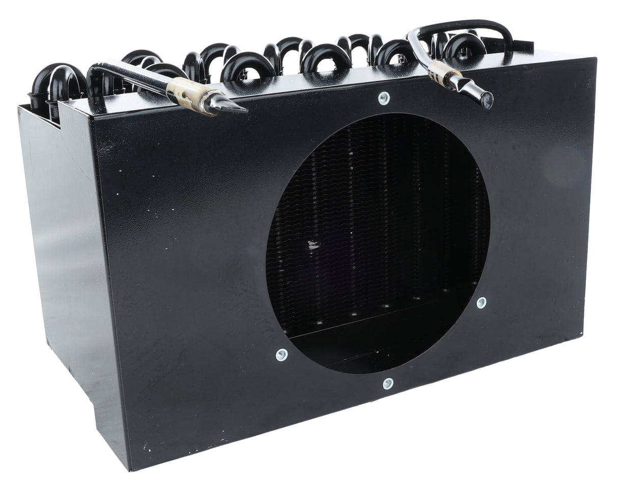 A black rectangular metal box, likely a part of Empura Refrigeration, with a large circular opening bordered by screws, coiled black tubes on top resembling a condenser coil, and two metal fittings at the front corners. The glossy box sits on a white surface.