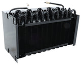 A black metal condenser coil from Empura Refrigeration features multiple curved pipes on top and a dense grid of fins at the front for efficient cooling. Two connecting pipes extend upward, one insulated—ideal for Empura Parts replacement.