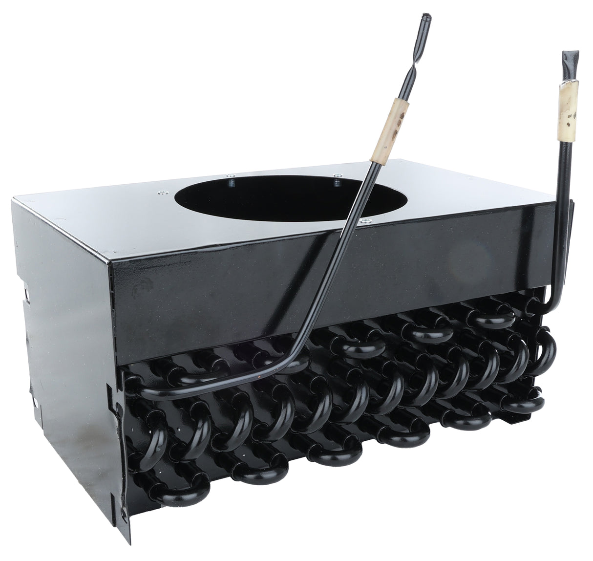 A black metal rectangular device with a circular opening on top and several black condenser coil-shaped components at the bottom. Two black cables with beige ends extend upward. This Empura Refrigeration part is set against a plain white background.