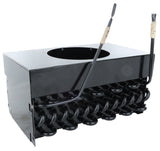 A black metal rectangular device with a circular opening on top and several black condenser coil-shaped components at the bottom. Two black cables with beige ends extend upward. This Empura Refrigeration part is set against a plain white background.