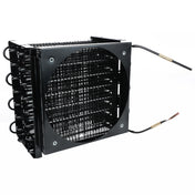 Black metal Empura Refrigeration condenser coil, model E-KBB602B, with four stacked grid-like rows and central circular fan cutout. Two insulated copper pipes extend outward, designed for efficient heat exchange in refrigeration systems.