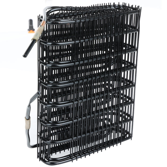 A black wire condenser coil from Empura Refrigeration features multiple horizontal and vertical bars in a sturdy, upright structure. Metal tubes run through the coil, ending in a black and copper fitting for an industrial, functional look.