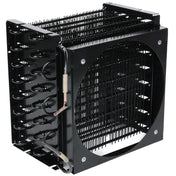 A close-up view of a black metal heat exchanger or radiator, featuring Empura Refrigeration condenser coil finned tubes and a large circular fan opening. Coiled metal pipes and a grid of thin metal fins enhance efficient heat dissipation.