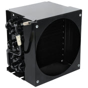 A black metal HVAC evaporator coil unit with tightly packed fins inside a circular opening and coiled refrigerant tubes on the left side, attached to a rectangular Empura Refrigeration metal casing with visible screws.