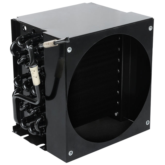 A black metal HVAC evaporator coil unit with tightly packed fins inside a circular opening and coiled refrigerant tubes on the left side, attached to a rectangular Empura Refrigeration metal casing with visible screws.