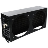A black rectangular metal heat exchanger with two large circular cutouts on the front, revealing dense fins inside. Several black tubes and a white-wrapped pipe extend from one side—typical of Empura Refrigeration condenser coil parts.