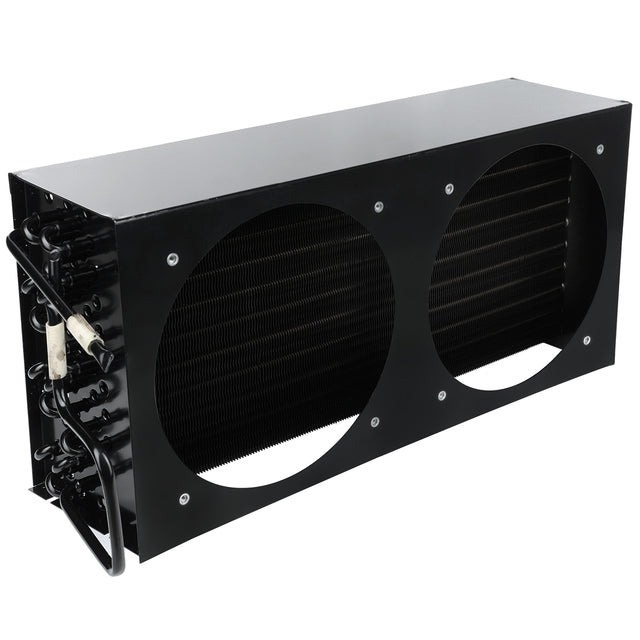 A black rectangular metal heat exchanger with two large circular cutouts on the front, revealing dense fins inside. Several black tubes and a white-wrapped pipe extend from one side—typical of Empura Refrigeration condenser coil parts.