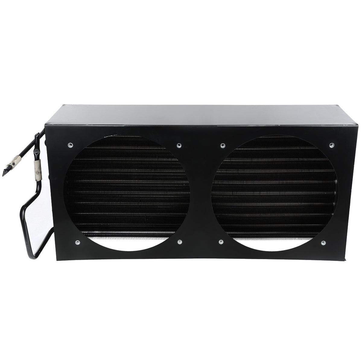 A rectangular metal HVAC evaporator coil unit from Empura Refrigeration with two large circular vent openings on the front. The black casing has visible screws and a connected copper tube, essential for air conditioning or refrigeration systems.