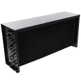 Black rectangular condenser coil with parallel thin metal fins and coiled tubes visible on the side, used for transferring heat in Empura Refrigeration or HVAC systems. It stands on two side supports and features a solid top cover—ideal for Empura Parts replacements.