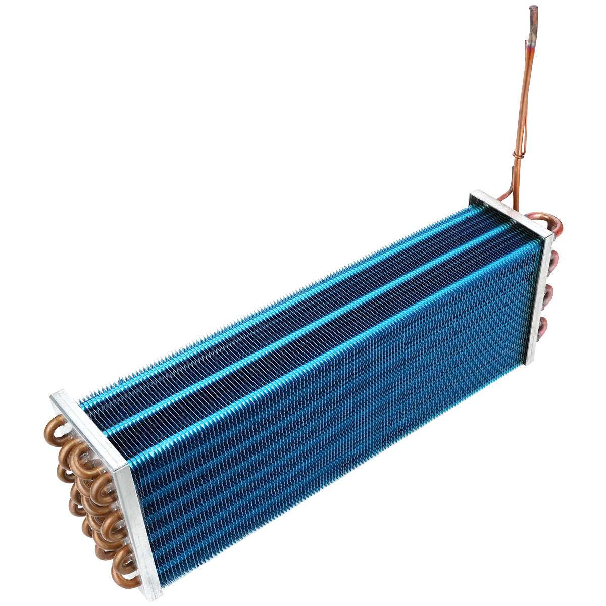 A rectangular metal Evaporator Coil with blue aluminum fins and copper tubing. The unit is mounted in a silver frame, with coiled copper pipes at each end—perfect as a replacement for Empura Refrigeration or compatible Empura Parts.