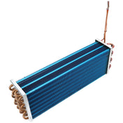 A rectangular metal Evaporator Coil with blue aluminum fins and copper tubing. The unit is mounted in a silver frame, with coiled copper pipes at each end—perfect as a replacement for Empura Refrigeration or compatible Empura Parts.