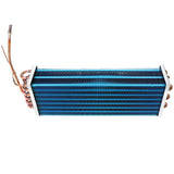 A rectangular blue finned heat exchanger, like an Empura Refrigeration evaporator coil, features multiple copper pipes entering on the left and exiting right. Closely spaced metallic fins enhance thermal conductivity for efficient HVAC system performance.