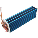 A blue and silver metal evaporator coil for Empura Refrigeration features tightly packed fins, copper tubing, and joints on one end for refrigerant flow. This rectangular Empura part is designed for efficient heat exchange in cooling systems.